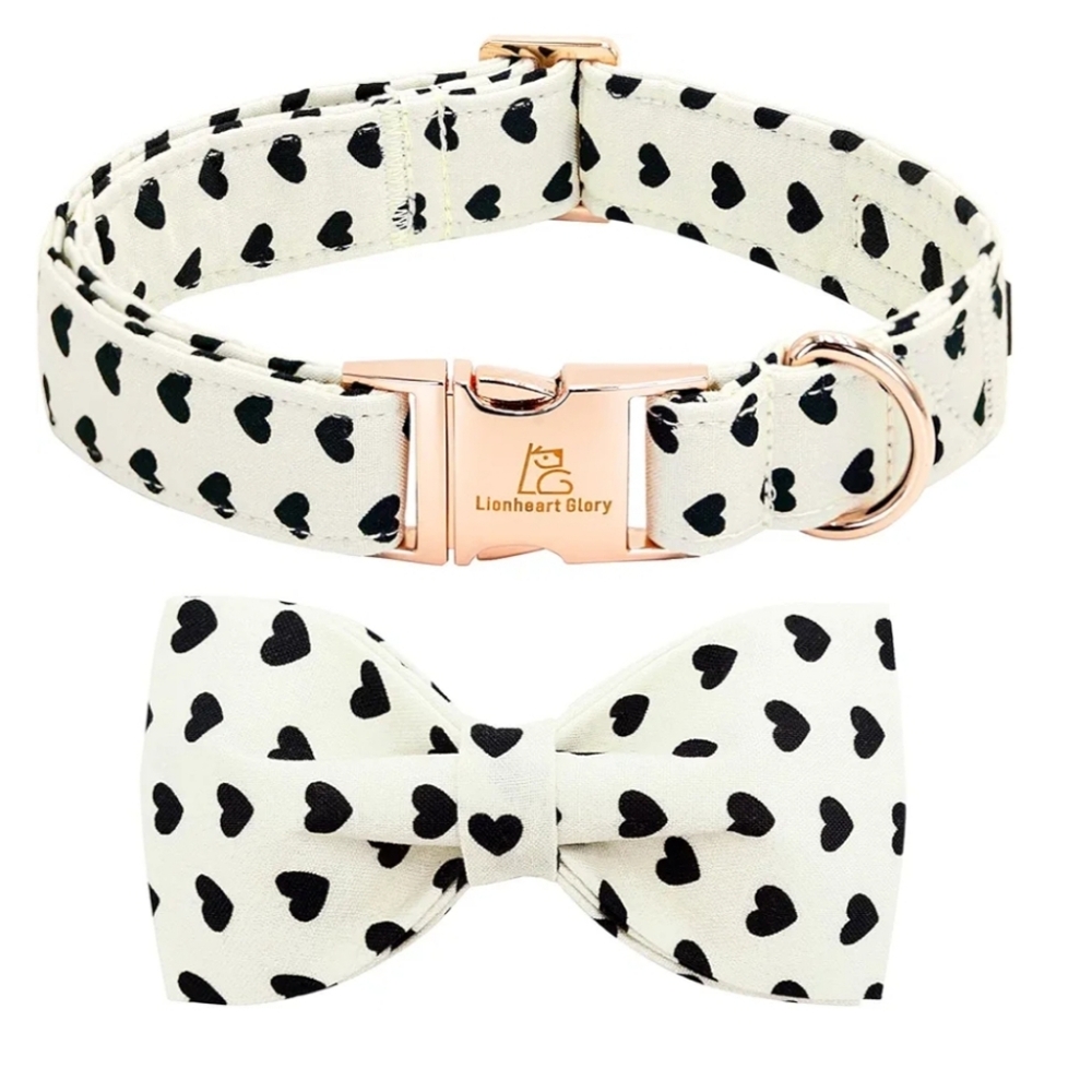 Black Heart Bow Tie and Collar Set dog cat Black and White size large